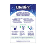 Back panel of Efferdent packaging showing product benefits, cleaning claims and three-step directions illustrated with icons.