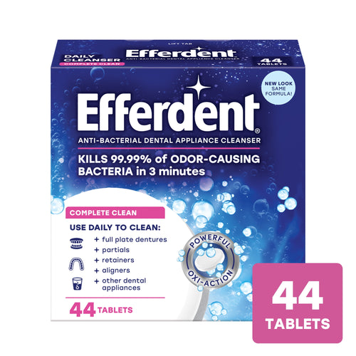 Front-facing Efferdent Complete Clean box with blue bubbly design and 44 label