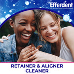 Lifestyle image of two smiling people under Efferdent branding with text 'Retainer & Aligner Cleaner' at bottom.