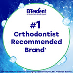 Bold circular badge reading '#1 Orthodontist Recommended Brand' with Efferdent logo on a bubbly blue background.