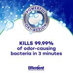 Graphic badge and bubbling background with 'Powerful Oxi-Action' and claim 'Kills 99.99% of odor‑causing bacteria in 3 minutes'.
