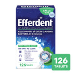 Front of Efferdent value-size box showing minty fresh cleanser branding, 126 tablets callout and product benefits.