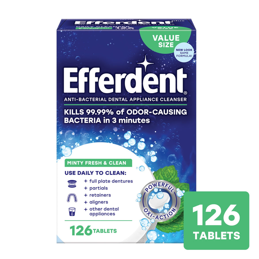 Front of Efferdent value-size box showing minty fresh cleanser branding, 126 tablets callout and product benefits.