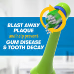 Close-up of a rotating electric toothbrush head with arrows and text claiming it blasts away plaque on blue background