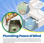 Infographic showing before/after drain illustrations with photo of a sink drain and Elemonate pouch in a circular frame