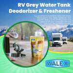 Promotional graphic showing Elemonate pouch on a countertop, hand holding a tablet packet, RVs driving in mountain background