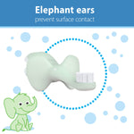 Graphic close-up of a mint elephant-shaped toothbrush head highlighting elephant-ear guard