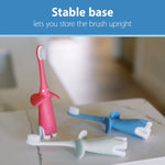 Three elephant-design training toothbrushes on a counter, one standing upright to highlight the stable base, with headline above.