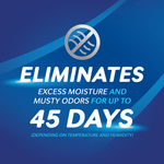 Graphic panel stating “Eliminates excess moisture and musty odors for up to 45 days” on a blue background