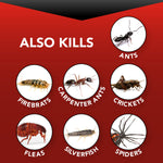 Red infographic showing “Also Kills” with circular photos of ants, firebrats, crickets, fleas, silverfish and spiders