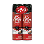 Two red Eliminator aerosol cans packaged as a value pack labeled Ant, Roach & Spider Killer