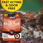 Lifestyle graphic with Eliminator Fire Ant Killer Plus bag in foreground and ants crawling on soil
