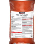 Back of an Eliminator Fire Ant Killer bag showing directions, warnings and spreader settings on an orange and white label