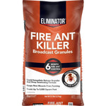 Front of an Eliminator branded orange and black bag labeled Fire Ant Killer broadcast granules with 6 month control badge
