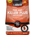 Front of an orange Eliminator bag labeled Fire Ant Killer Plus Granules with kill time badge