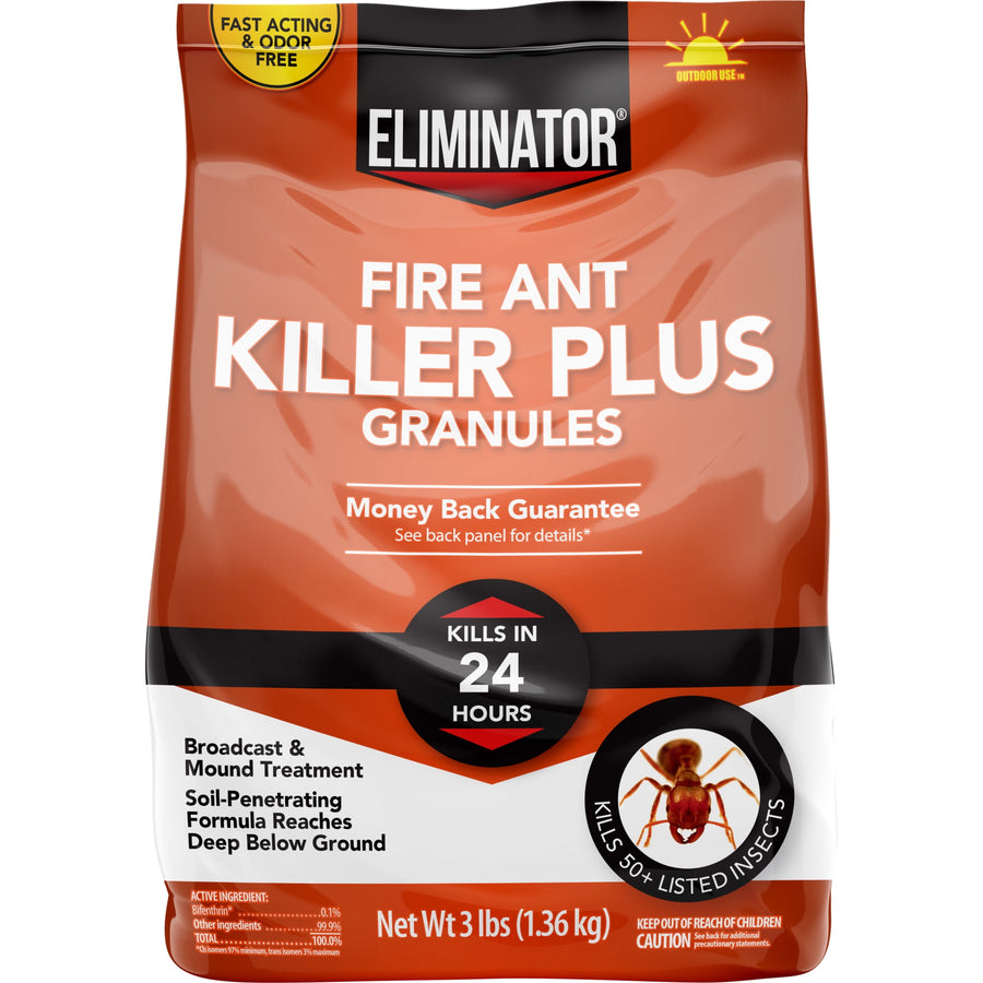 Front of an orange Eliminator bag labeled Fire Ant Killer Plus Granules with kill time badge