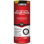 Tall red Eliminator granules canister showing front label for ant, flea and tick killer.