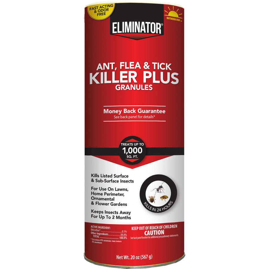 Tall red Eliminator granules canister showing front label for ant, flea and tick killer.