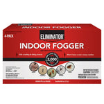Red Eliminator branded box showing 'Indoor Fogger' label, target insect icons and '4-pack' callout on front