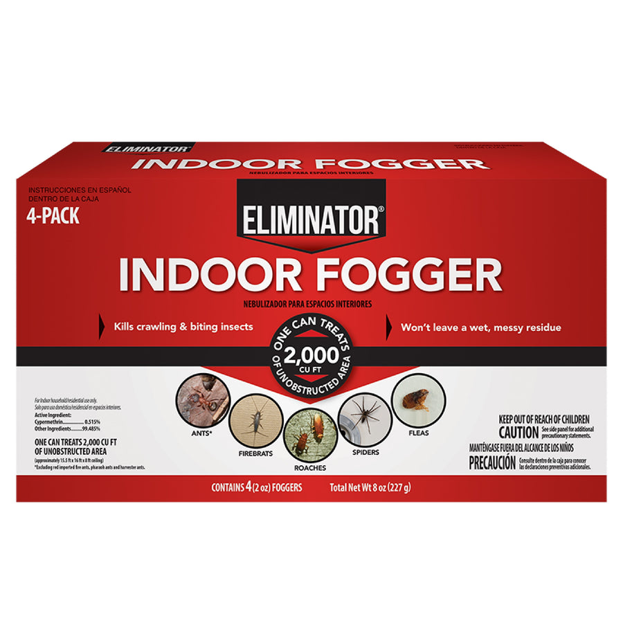 Red Eliminator branded box showing 'Indoor Fogger' label, target insect icons and '4-pack' callout on front