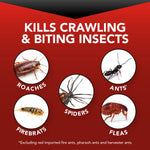 Red infographic panel with 'Kills crawling & biting insects' and circular photos of roach, ant, spider, firebrat and flea