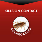 Graphic on red background reading “Kills on Contact” with close-up photograph of a cockroach inside a circle