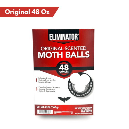 Red and white Eliminator Original-Scented Moth Balls box showing 48 ounces label