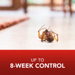 Photo of an overturned spider on a floor above bold text stating “Up to 8-Week Control” on a red background