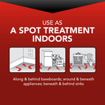 Red instructional graphic reading “Use as a spot treatment indoors” with icons showing baseboards, kitchen and bathroom areas