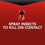 Red panel reading “Spray insects to kill on contact” with a simple white icon of a hand holding a spray can