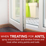 Photograph of a door threshold and floor with dotted red lines and text instructing treatment around door and window frames for ants