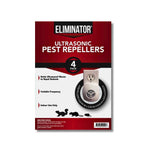 Straight-on view of Eliminator ultrasonic pest repellers retail box showing 4-pack badge and usage icons