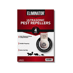 Red and white Eliminator branded retail package for ultrasonic pest repellers with product photo and pest icons