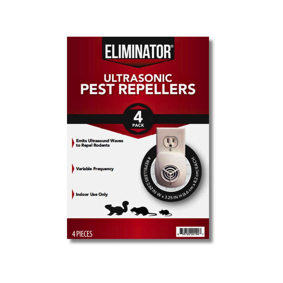 Red and white Eliminator branded retail package for ultrasonic pest repellers with product photo and pest icons