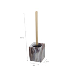 Product image with dimensions showing gold-handle toilet brush seated in agate-patterned square holder on white background.
