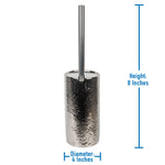 Chrome hammered ceramic toilet brush holder with chrome handle and infographic showing 8 inch height and 4 inch diameter