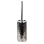 Chrome hammered metallic ceramic toilet brush holder with chrome handle inserted, white background