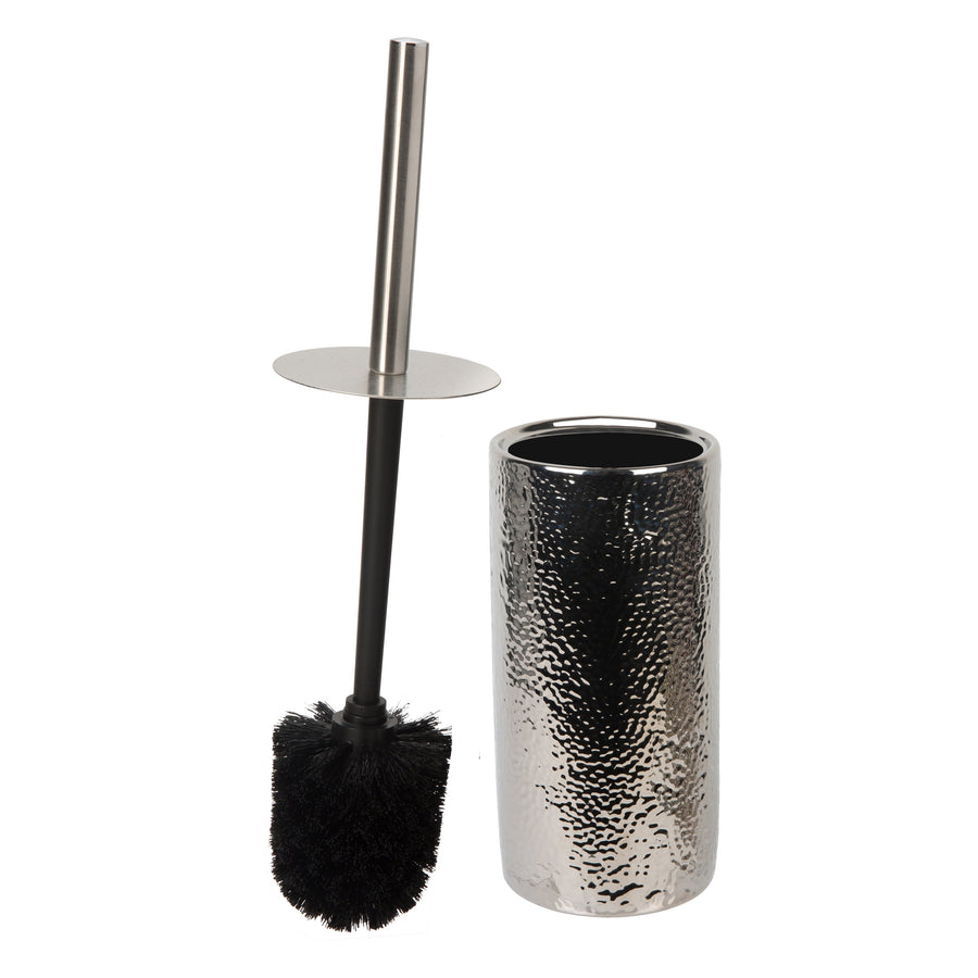Chrome hammered metallic ceramic toilet brush holder with detached brush and black bristles