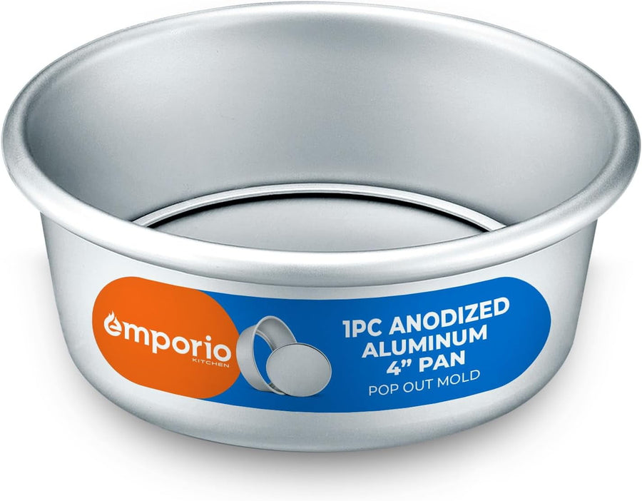 Silver anodized round cheesecake pan with Emporio label and pop-out mold illustration on the side
