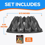 Side view of Emporio black speckled flower bundt pan with dimensions callouts and small cookbook graphic