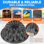 Emporio black marble-coated fluted cake pan with infographic icons showing oven, release, cleaning and coating close-up