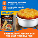Anodized baking pan holding a baked cake beside an Emporio cookbook on a wood surface with temperature and construction callouts
