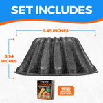 Speckled gray fluted cake pan shown with dimension callouts and a small image of the Emporio recipe booklet on a white background