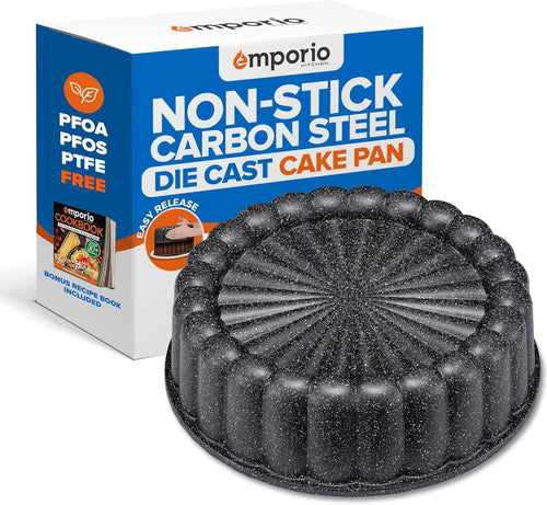 Speckled black marble fluted nonstick cake pan shown in front of Emporio branded retail box with product text