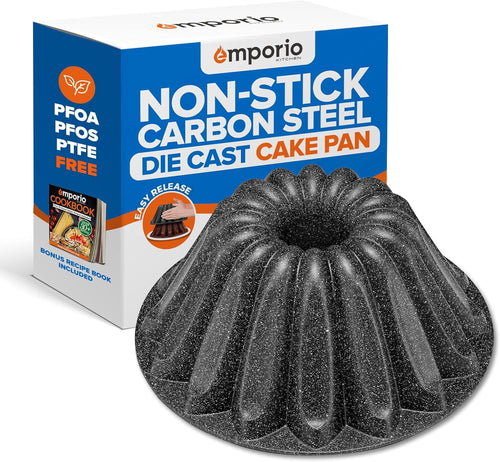 Speckled gray marble fluted bundt-style cake pan displayed in front of Emporio Kitchen product box with bold non-stick branding