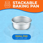 Stackable small anodized baking pan on blue graphic background with headline 'STACKABLE BAKING PAN' and size callout