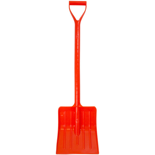 Full-length bright orange plastic toddler snow shovel with wide scoop and D-handle