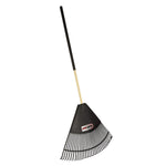 Full view of a black resin leaf rake with a hardwood handle and foam grip on white