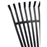 Detail close-up of a black resin rake head showing curved tines and ribbed support