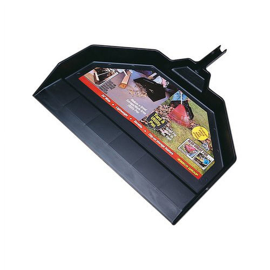 Black Emsco Group large utility dust pan shown flat with product label sticker on the pan